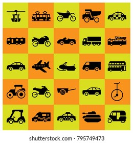 Transport vector icons set. fire truck, cable car cabin and van