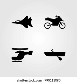 Transport vector icons set. helicopter, rowing and jet