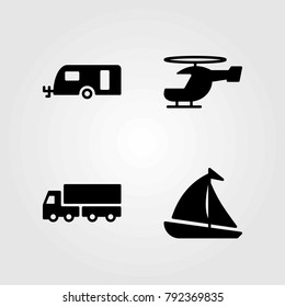 Transport vector icons set. helicopter, sailboat and caravan