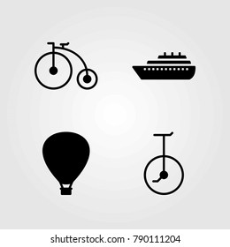 Transport vector icons set. hot air balloon, ship and bicycle