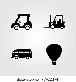 Transport vector icons set. hot air balloon, golf cart and forklift