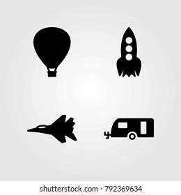 Transport vector icons set. hot air balloon, caravan and aircraft