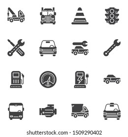 Conjunto de iconos vectoriales de transporte, moderno paquete pictograma de estilo de colección de símbolos sólidos. Señales, ilustración del logotipo. Set incluye iconos como coche de coche, servicio de reparación de camiones, cargo por camión eléctrico, taxi, bus