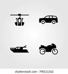 Transport vector icons set. motorcycle, yatch and car