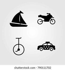 Transport vector icons set. motorcycle, sailboat and unicycle