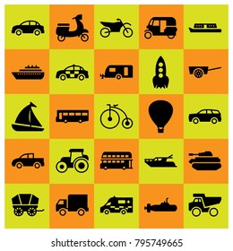 Transport vector icons set. motorcycle, bicycle and pickup truck