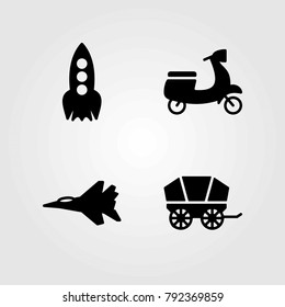 Transport vector icons set. rocket, jet and motorbike
