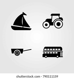 Transport vector icons set. sailboat, double decker bus and tractor
