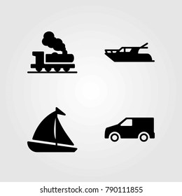 Transport vector icons set. sailboat, train and yatch