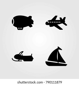 Transport vector icons set. sailboat, snow mobile and aeroplane