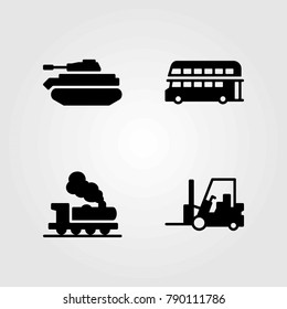 Transport vector icons set. tank, train and double decker bus