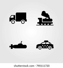 Transport vector icons set. train, truck and submarine