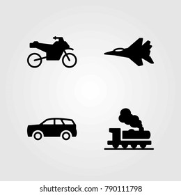 Transport vector icons set. train, jet and motorcycle
