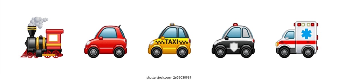 Transport Vector Icons Set. Transportation, Taxi, Police, Ambulance, Emergency car symbols, emojis, emoticons, vector illustration icons collection, vector 10 eps.