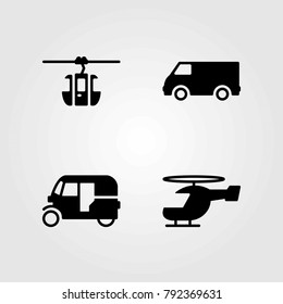 Transport vector icons set. tuk tuk, helicopter and car