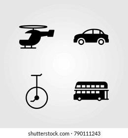Transport vector icons set. unicycle, car and helicopter