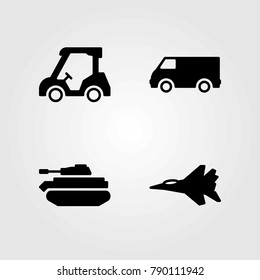 Transport vector icons set. van, tank and golf cart