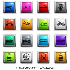 transport vector icons in square colored buttons for web and user interface design
