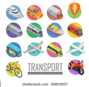 Transport vector logo illustration. Set of transport icons. Vector in isometric projection. Road, railway, flying, water, personal, public, commercial transport with caption. For ad design, app, games