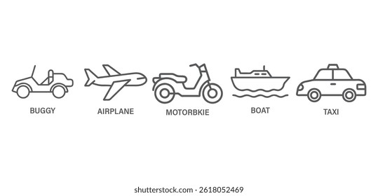 Transport vector outline icons plane, motorbike, boat etc.	
