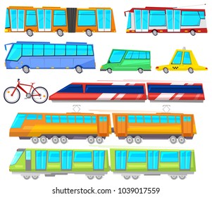 Transport vector public bus or train transported passengers and car or bicycle for transportation in city illustration set of transportable machines isolated on white background