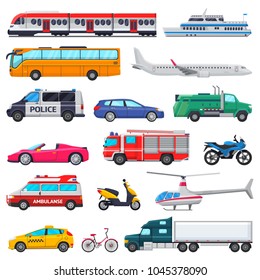 Transport vector public transportable vehicle plane train   car bicycle for transportation in city illustration set ambulance fire  engine   police car isolated white background