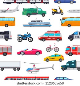 Transport vector public transportable vehicle plane or train and car or bicycle for transportation in city illustration set of ambulance fire-engine and police car seamless pattern background