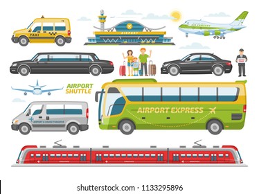 Transport vector public transportable vehicle bus or train and car for transportation in city illustration set of people and airplane in airport isolated on white background