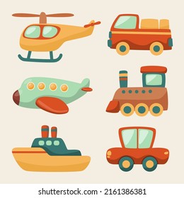 Transport vector public transportable vehicle plane, train, ship and car isolated on white background. Vector illustration in flat style