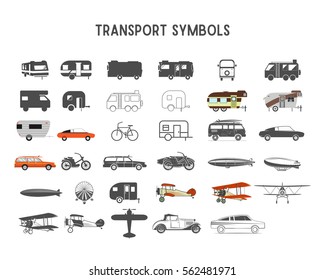 Transport vector shapes and elements. Included RV, trailers, surfing motorcycle, airship, biplane and other. Vector