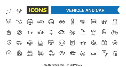 Conjunto de iconos de transporte, vehículo y coche. Paquete de iconos de esquema. Icono de Vector editable e ilustración.