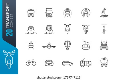 Elementos de transporte, vehículo y entrega - juego mínimo de iconos de línea delgada. Colección de iconos de esquema. Ilustración vectorial simple.