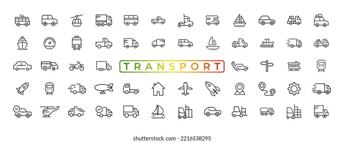 Elementos de transporte, vehículo y entrega - juego mínimo de iconos de línea delgada. Colección de iconos de esquema. Ilustración vectorial simple.
