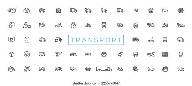 Transport-, Fahrzeug- und Lieferelemente - minimaler dünner Linien-Icon-Satz. Kollektion von Symbolen im Überblick