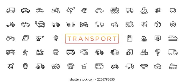 Transport, vehicle and delivery elements - minimal thin line web icon set. Outline icons collection