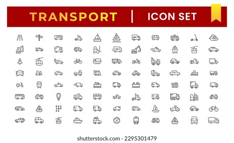 Transport-, Fahrzeug- und Lieferelemente - minimaler dünner Linien-Icon-Satz. Kollektion von Symbolen in einer Übersicht. Einfache Vektorgrafik.
