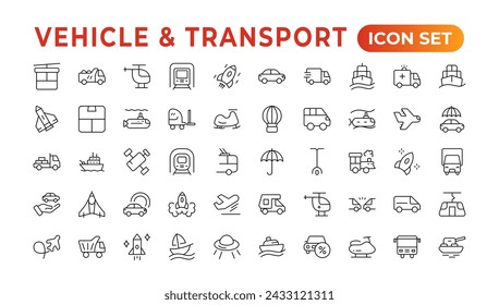 Transport, vehicle, and delivery elements - minimal thin-line web icon set. Outline icons collection. auto, bike, scooter, bulldozer, bus, cable, car, helicopter.