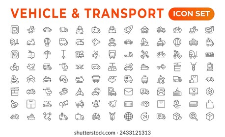 Transport, vehicle, and delivery elements - minimal thin-line web icon set. Outline icons collection. auto, bike, scooter, bulldozer, bus, cable, car, helicopter.