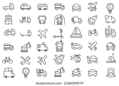 Transport, vehicle, and delivery elements - minimal thin-line web icon set. Outline icons collection. auto, bike, scooter, bulldozer, bus, cable, car, helicopter