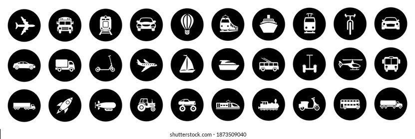 Transport, vehicle and delivery icons button set. Flat shipping delivery symbols in black circles – stock vector