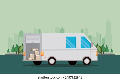 transport vehicle delivery van picking merchandise boxes cartoon vector illustration graphic design