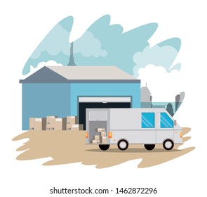 transport vehicle delivery van picking merchandise boxes cartoon vector illustration graphic design