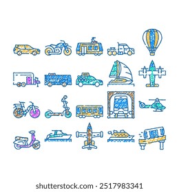 veículo de transporte e voando doodle ícones definir vetor. esboço linha arte balão e avião voar transporte, carro e táxi, ônibus e subterrâneo, helicóptero e tramway, barco cruzeiro cor ilustrações