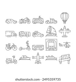 Transport Vehicle And Flying Icons Set Vector. Balloon And Aircraft Fly Transport, Car And Taxi, Bus And Underground, Helicopter And Tramway, Boat And Cruise Liner Black Contour Illustrations