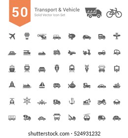 Transport & Vehicle Icon Set. 50 Solid Vector Icons.