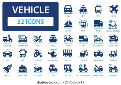 Colección de iconos de transporte y vehículos. Formas de moverse en el espacio. Coche, tren, scooter eléctrico, moto, autobús. Icono de Vector plano simple.