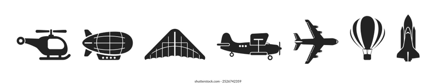 Avião e helicóptero de transporte, silhueta lateral do aeróstato. Ícones de transporte aéreo aéreo de avião.