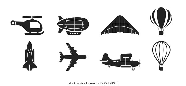 Avião e helicóptero de transporte, silhueta lateral do aeróstato. Ícones de transporte aéreo aéreo de avião.