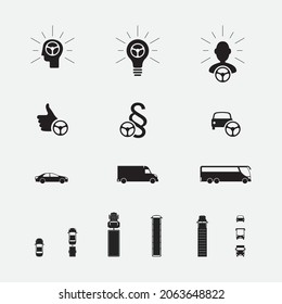 Transport vehicle and steering wheel icon set. Laws, success, drivers in transportation. Vector illustration isolated on white background, eps 10