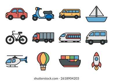 Transport vehicle vector icon pack in solid line style, simple and minimalist icon